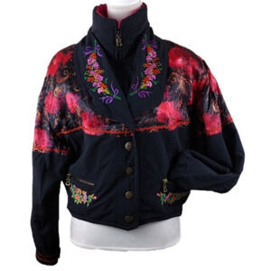 Bogner Vintage Black Multicolored Floral Zipper Snap Front Waist Length Ski Coat